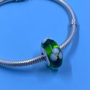 Authentic Pandora Green Murano Glass Bead with White Flowers Sterling Silver